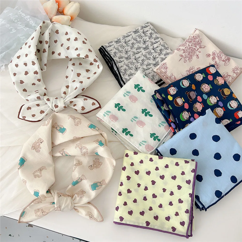 58*58cm Fashion Cotton Linen Silk Scarf Floral Heart Printed Scarves Soft Neck Wrap Women Neckerchief  Bandanna 2024 New