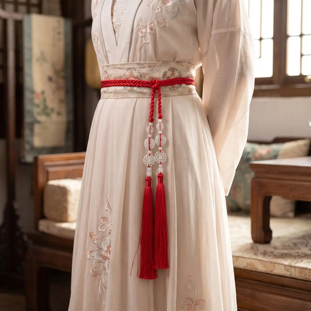Fashion Chinese Style Hanfu Waist Tie Belt Adjustable Antique Style Tassel Waist Cord Tie Rope Bead Waist Rope Shirts