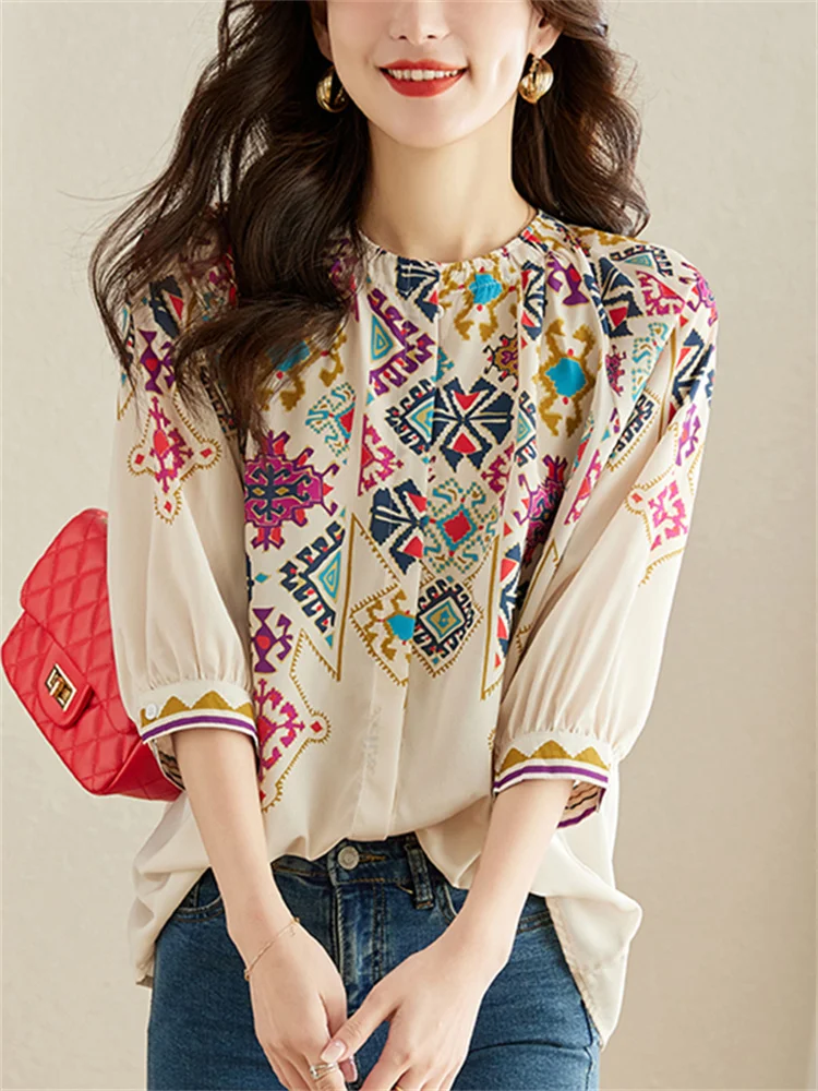 

Retro Chic Seven-Quarter Sve Silk Chiffon irt Loose Casual Slimming Outerwear Printed V-Ne Women's Faion Summer