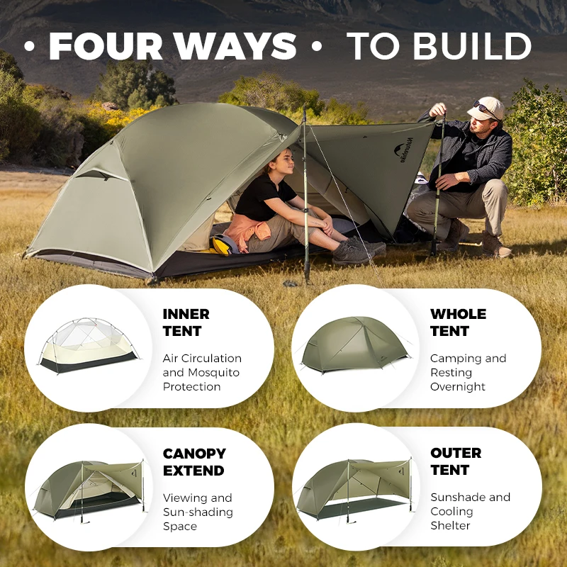 Naturehike Camping Tent 20D 1–3 People Hiking Tents Ultra-lightweight Waterproof Extendable Canopy For Outdoor Beach Travel