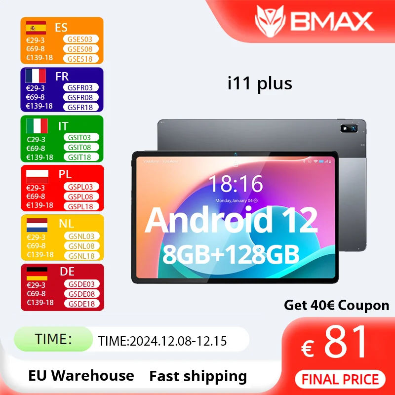 BMAX MaxPad i11 Plus 8GB RAM 128GB ROM 10.4 Inch Octa Core T616 Soc Android 12 Dual Wifi 4G Lte Phone Tablet