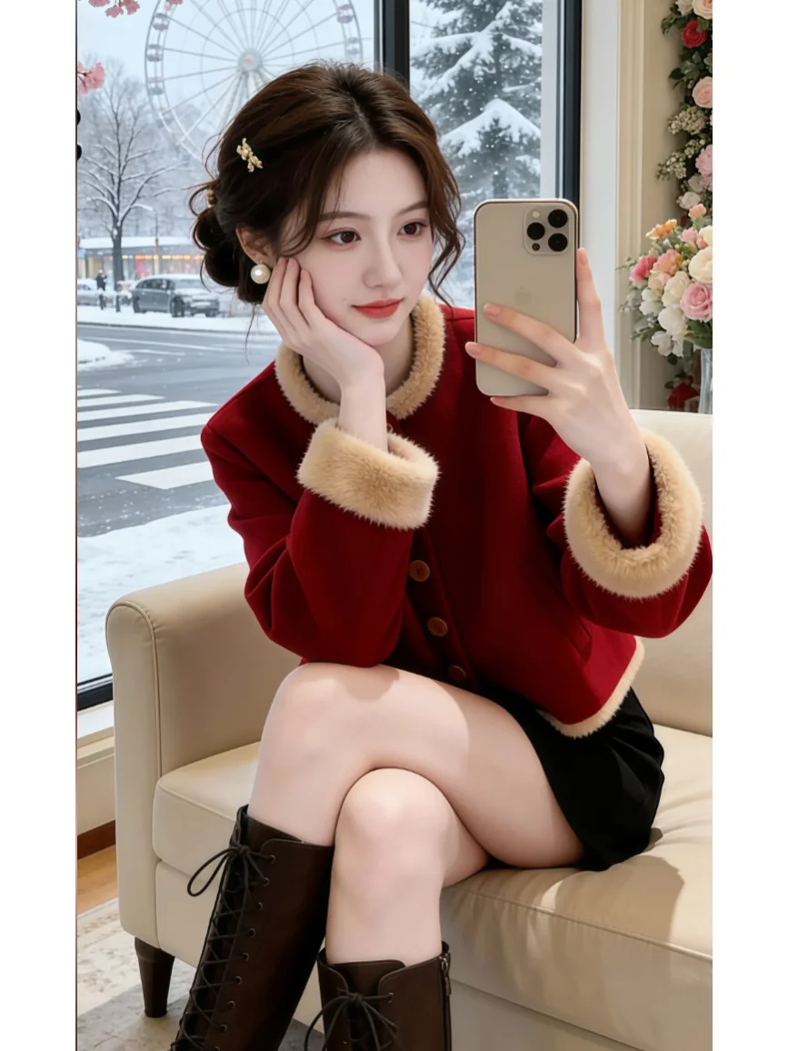 

Lu Thiened ort Fluffy Open Cardigan Women's Cotton Jaet Loose Fit Warm Red Color Lazy Sle Autumn Winter New Arrival