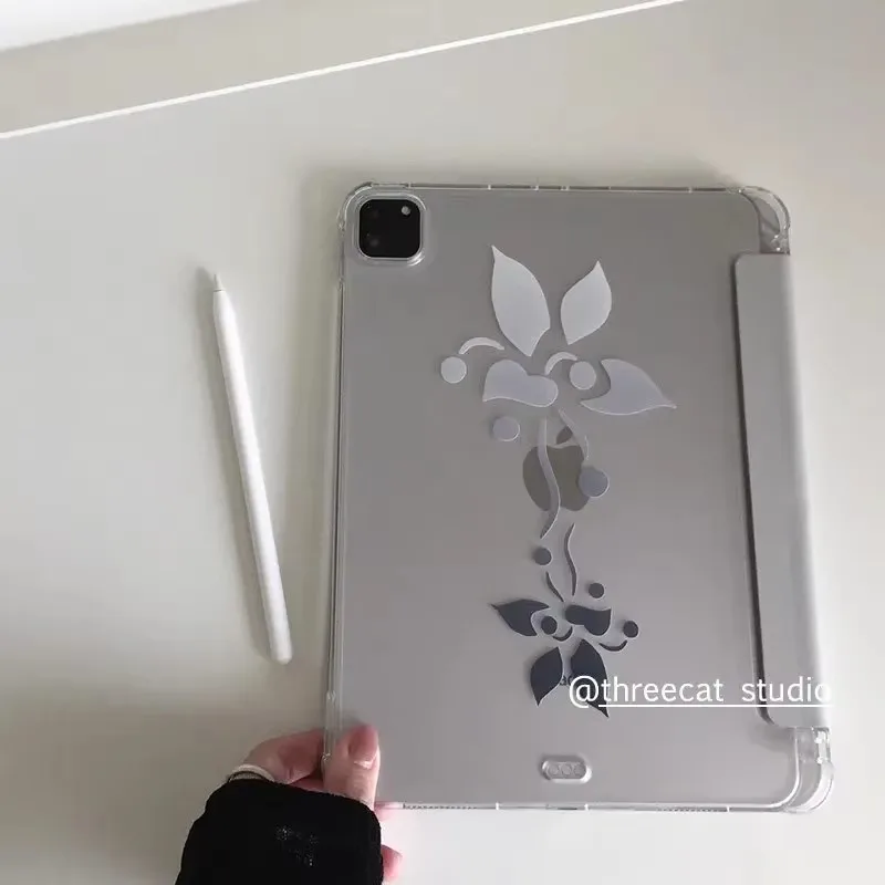 Ins Grey Gradient Floral Y2K Tri-Fold Cover For iPad Pro 13 11th M5 M4 12.9 A16 10 8 7 9th 10th Air 11 M2 M3 Mini Tablet Case