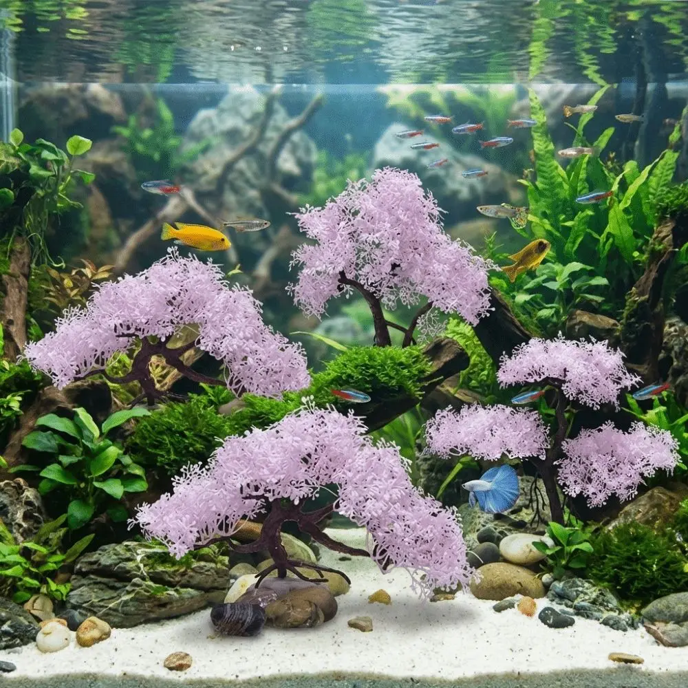 Realistic Aquarium Cherry Blossom Plastic Simulation Landscape Tree Natural Look Irregular Artificial Plant Home Ornaments