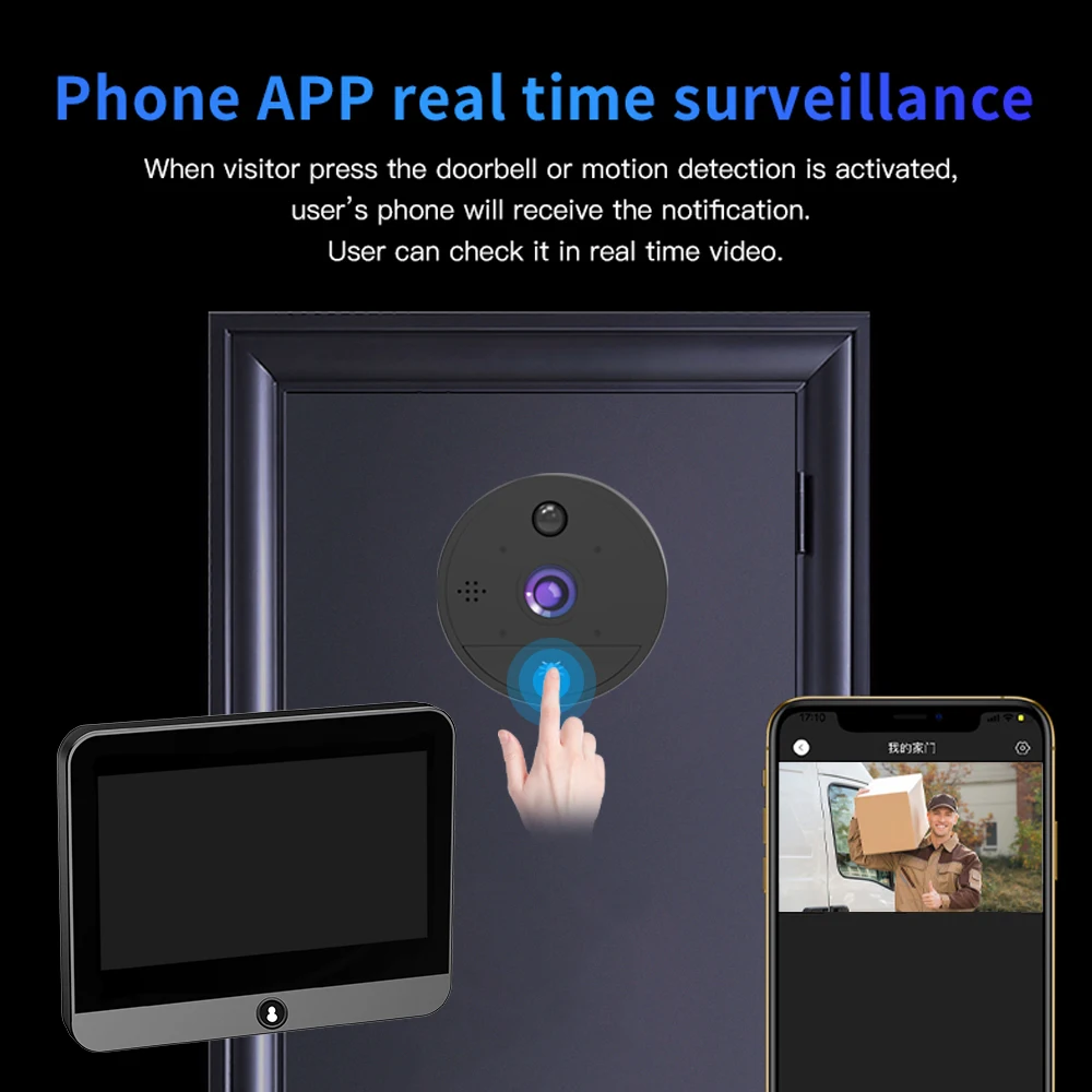 Tuya Smart-Campainha sem fio para casa, câmera Peephole, Wi-Fi, luz infravermelha, câmeras de porta interfone, bateria 8000mAh, 4,3 \