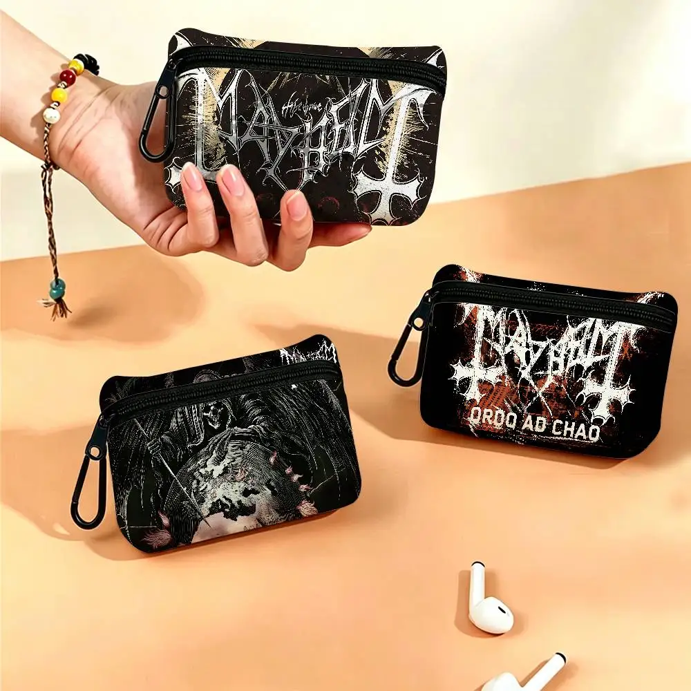 Mayhem Death Rock Band Mini Hanging Oxford Cloth Coin Bag Durable Zipper Key Card Pouch With Carabiner