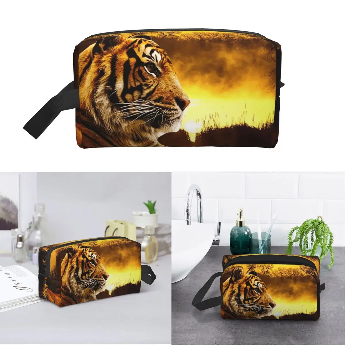 Tiger And Sunset Makeup Bag Cosmetic Organizer Storage Dopp Kit Toiletry Cosmetic Bag for Women Beauty Travel Pencil Case