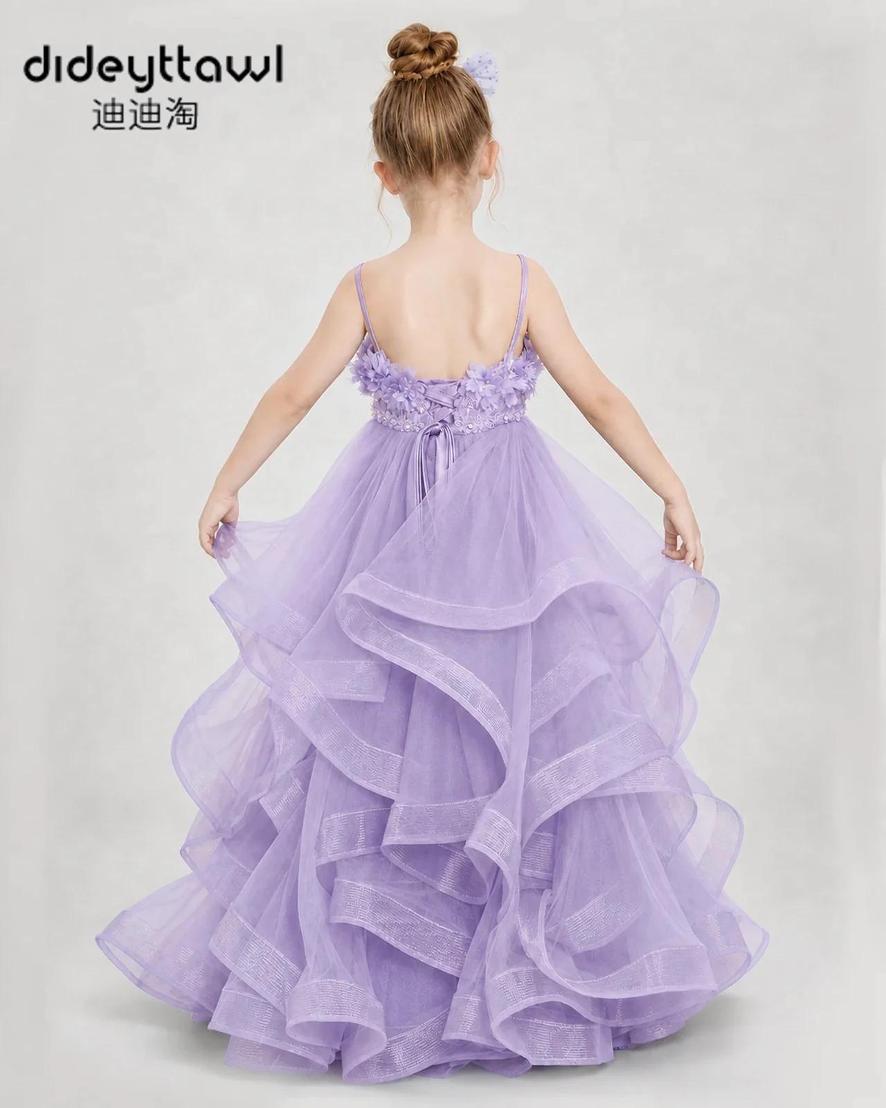Dideyttawl Spaghetti Straps 3D Flower Tulle Tiered Ruffle Long Dress Lace Up Back Multi Color Kids Wedding Pageant Birthday Gown