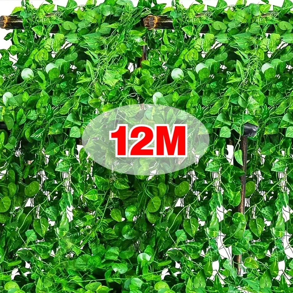 12/2M Artificial Plant Green Ivy Leaf Garland Silk Wall Hanging Vine Home Garden Decoration Wedding Party DIY Fake Wreath Leaves