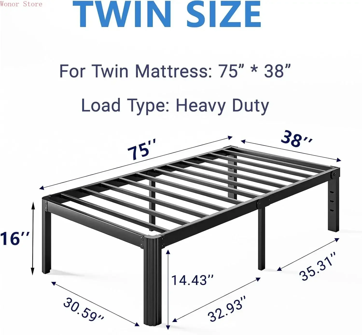 

16-дюймовая металлическая кровать-платформа для двуспальной кровати без пружинного блока, бесшумная, простая сборка, усиленная конструкция, черная