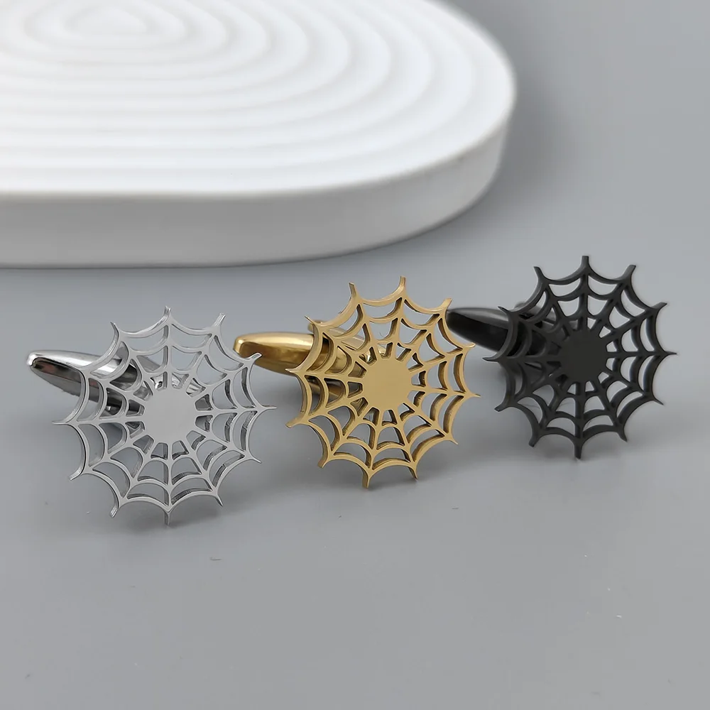 Spider web gold-plated cufflinks, silver accessories for French shirt cuffs, black cufflinks for suits, gifts for men