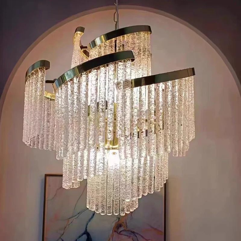 

2025 New Glass Tassel Spiral Chandeliers, Hotel Living Room Lighting, Room Decoration, Height Adjustable, Dimmable