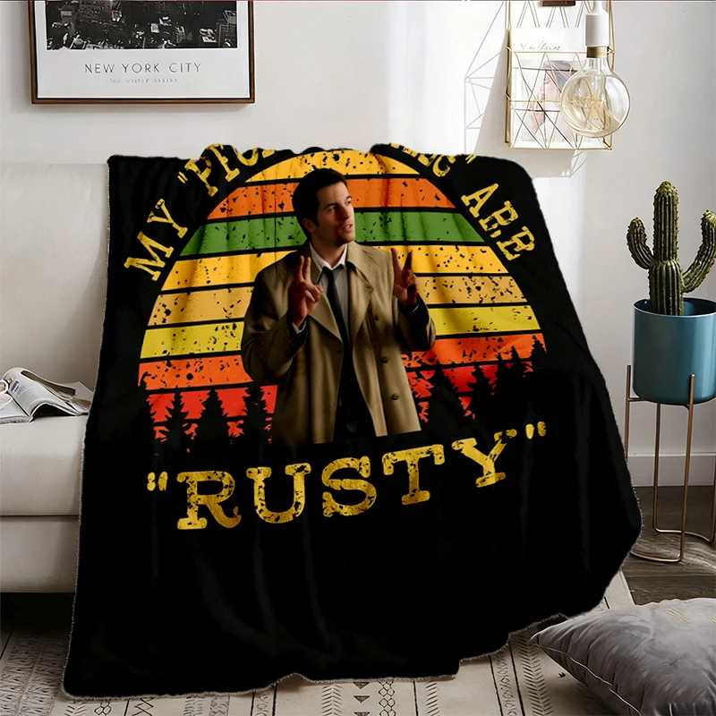 Supernatural Castiel My People Skills Are Rusty Flannel Blanket, Retro Sunset Graphic Flannel Throw