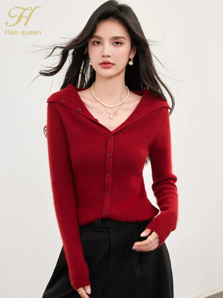 H Han Queen 2024 nuevo Otoño Invierno Navidad básico Simple suéter de punto de un solo pecho para mujeres Tops cárdigans de manga larga