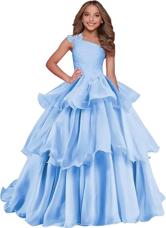 

Snvdzo Flower Girls One Shoulder Puffy Organza Dress With Bow For Wedding Birthday Evening Party Prom Banquet Princess Gown 2026