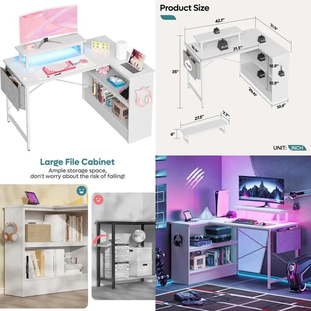 

L-Shaped Gaming Desk with LED Lights, 42 Inch Desk for Computer, Monitor Stand, Open Storage Cabinet, Writing Study Corner