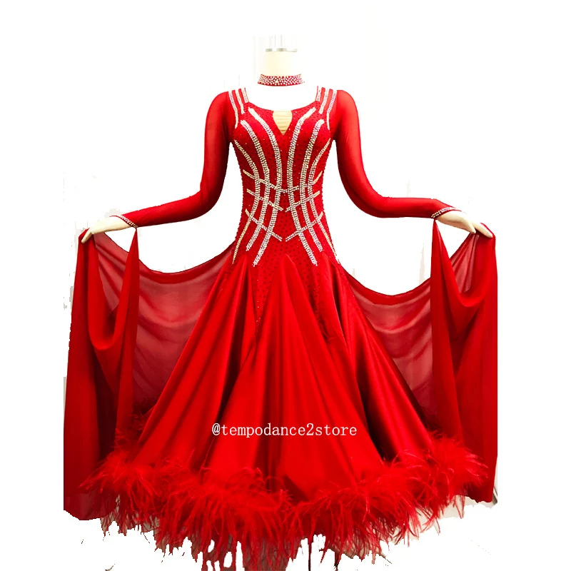 New Long Sleeve Ballroom Dance Competition Dress Waltz Social Dance Standard Dance Dress Tango Costume Red