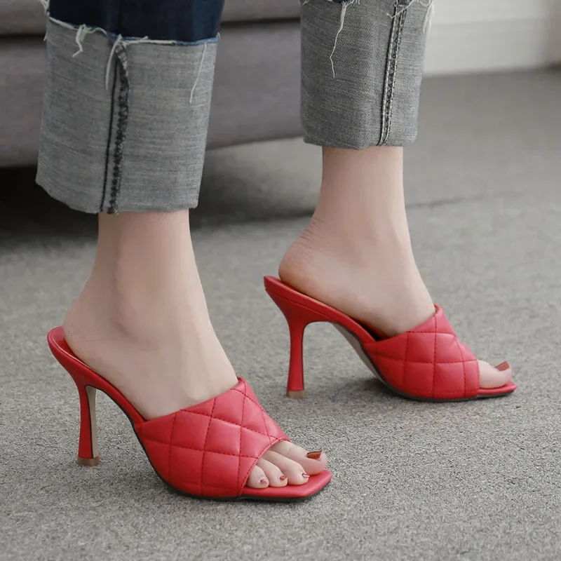 20212021 Toe Red  Mule Heels Shoe Black PU High Heel Shoes Women Sandals Sliper Woman Shoes Zapatos Mujer