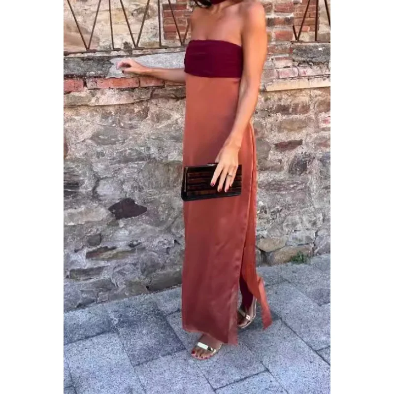 

2025Summer New European and American Women's Fashion Elegant Mature Satin Strapless Dress