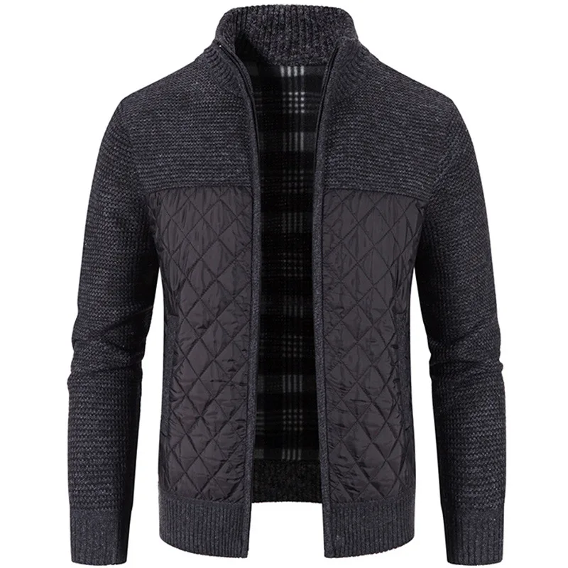 Jaqueta de costura de malha masculina, suéter cardigan grosso, gola alta, roupa casual masculina, outono, inverno, caloroso