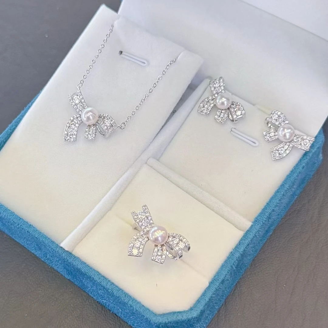 

3pcs Fashion 14K Gold Filled Freshwater Pearl Jewelry Set Classic Natural Pearl Bowknot/Butterfly/Flower Earring/Necklace/Ring