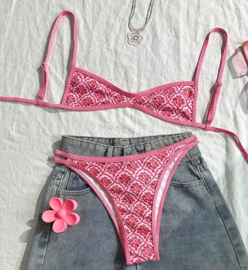 Sexy rosa flor impressão micro biquínis define duas peças tanga maiôs conjunto de biquíni tankini beachwear biquini