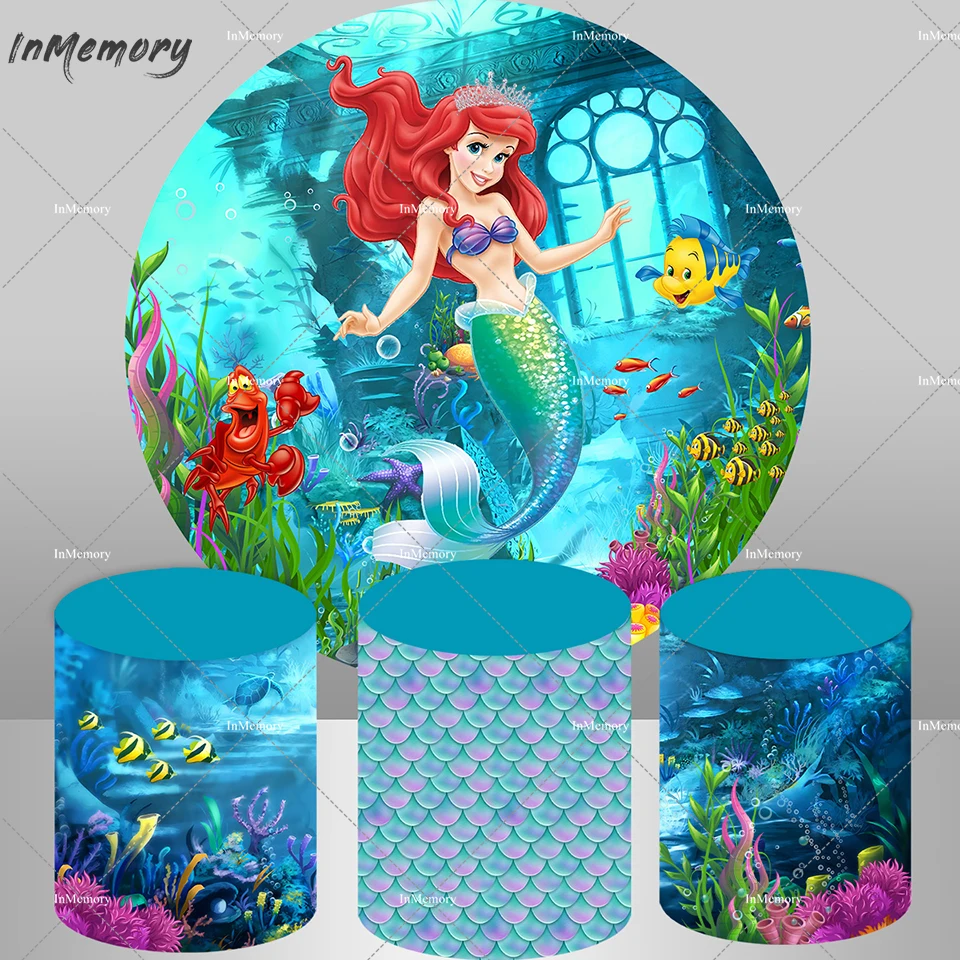 

Ariel Princess Mermaid Round Circle Backdrop Birthday Photo Background Party Decoration Underwater Table Plinth Cover Banner