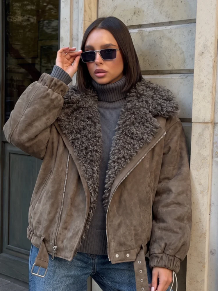 Womens Khaki Suede Cropped Jacket Thick Fur Collar Zip Up Ribbed Cuff Coat Fall Winter Daily Streetwear Trendy Casual Outfit