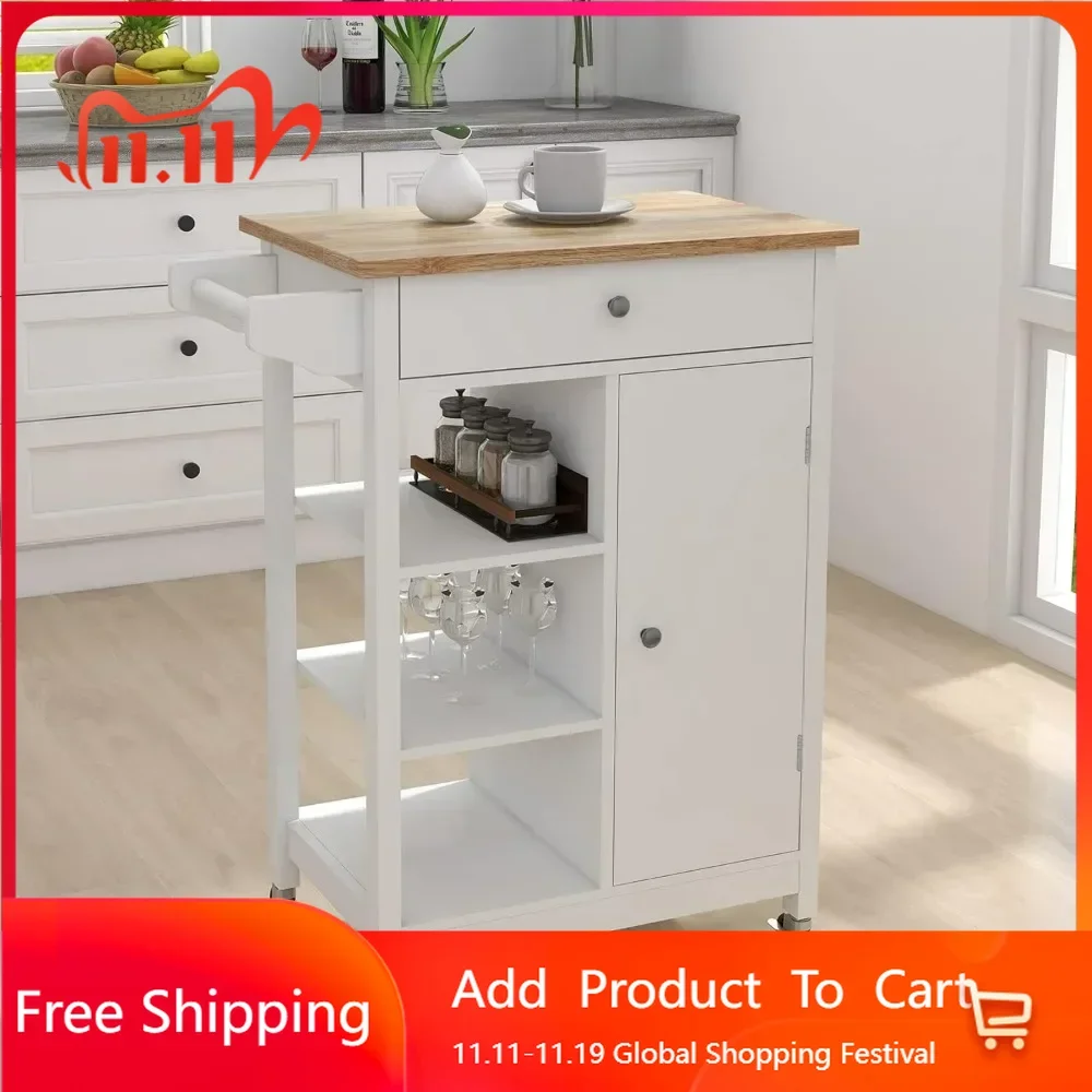 

Rolling Kitchen Island Cart with Drawer, Storage Cabinet and 3 Open Shelves, Rolling Trolley Cart with Towel Rack for Kitchen