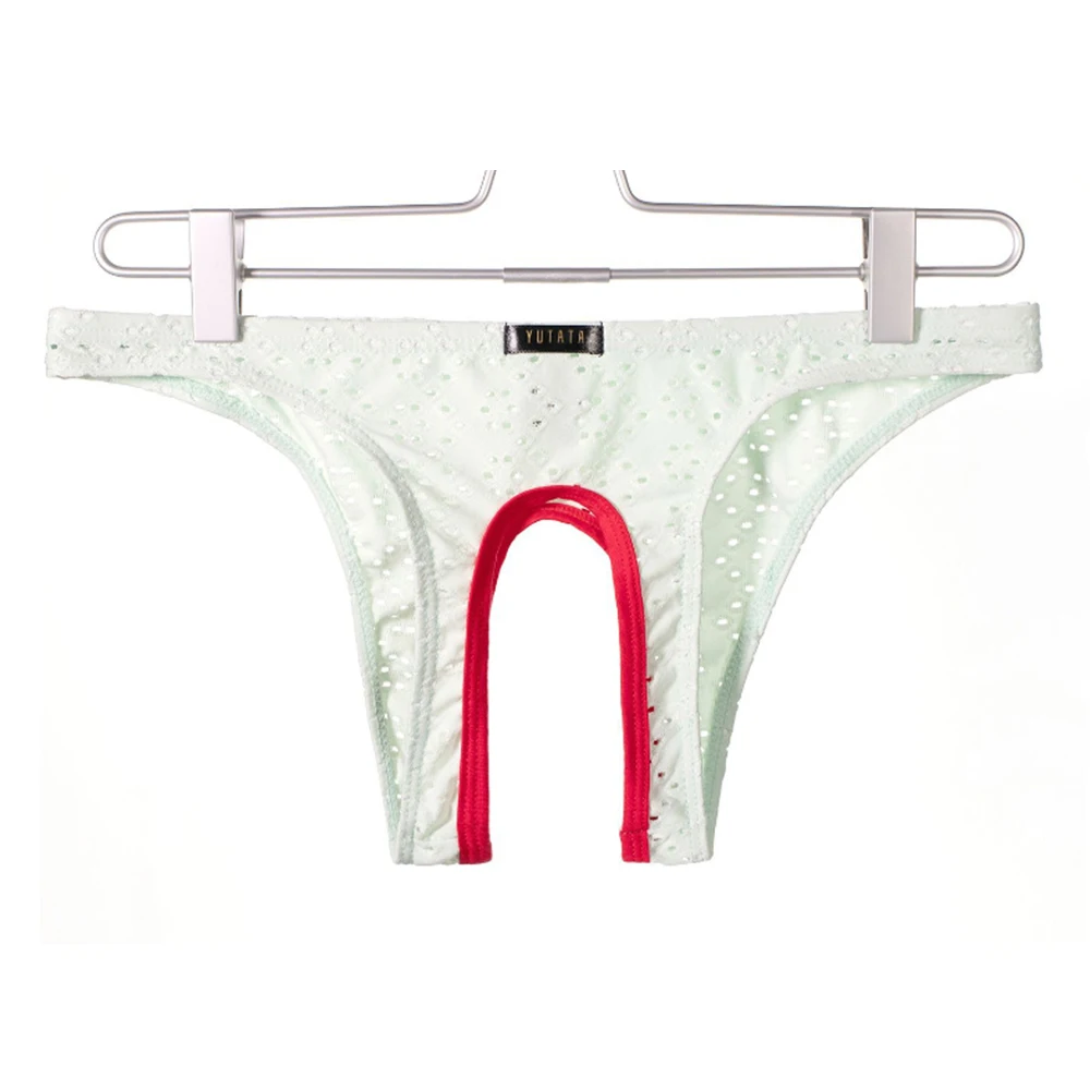 العلامة التجارية الجديدة للرجال الملابس الداخلية Underpant البوليستر سيسي الملابس الداخلية تنفس Crotchless الجبهة مفتوحة عارضة #2