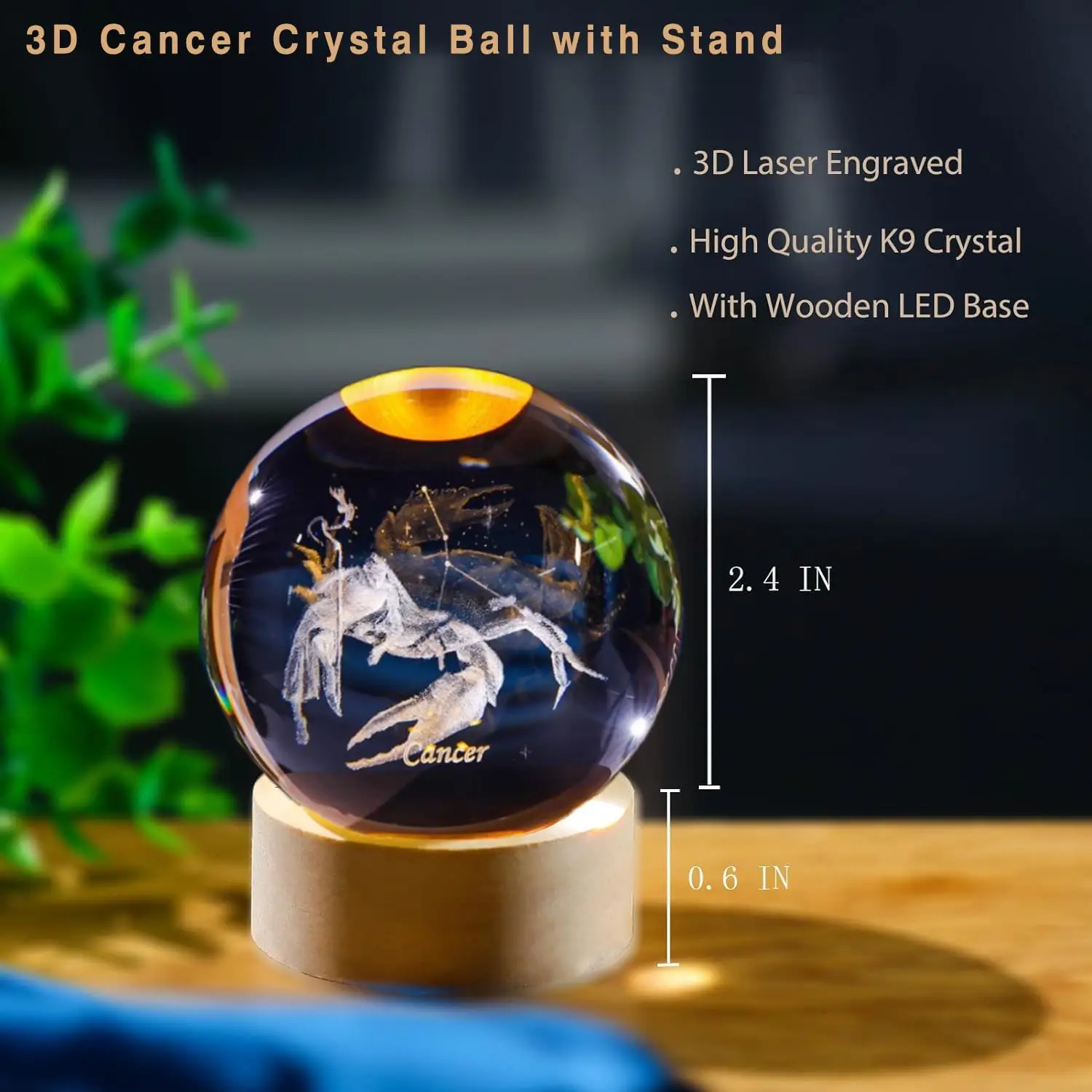 3D Cancer Constellation Crystal Ball with Wooden Light Base Glass Sphere Decorative Balls Paperweight