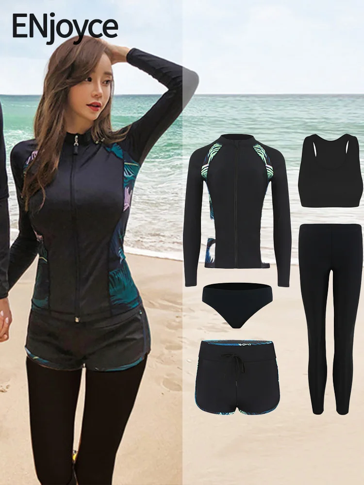 

Women Long Sleeve Rash Guard Print Five Pieces Swimsuit Zipper Swimwear with skirt Bathing Suits Surfing Suits Pad Long Pants