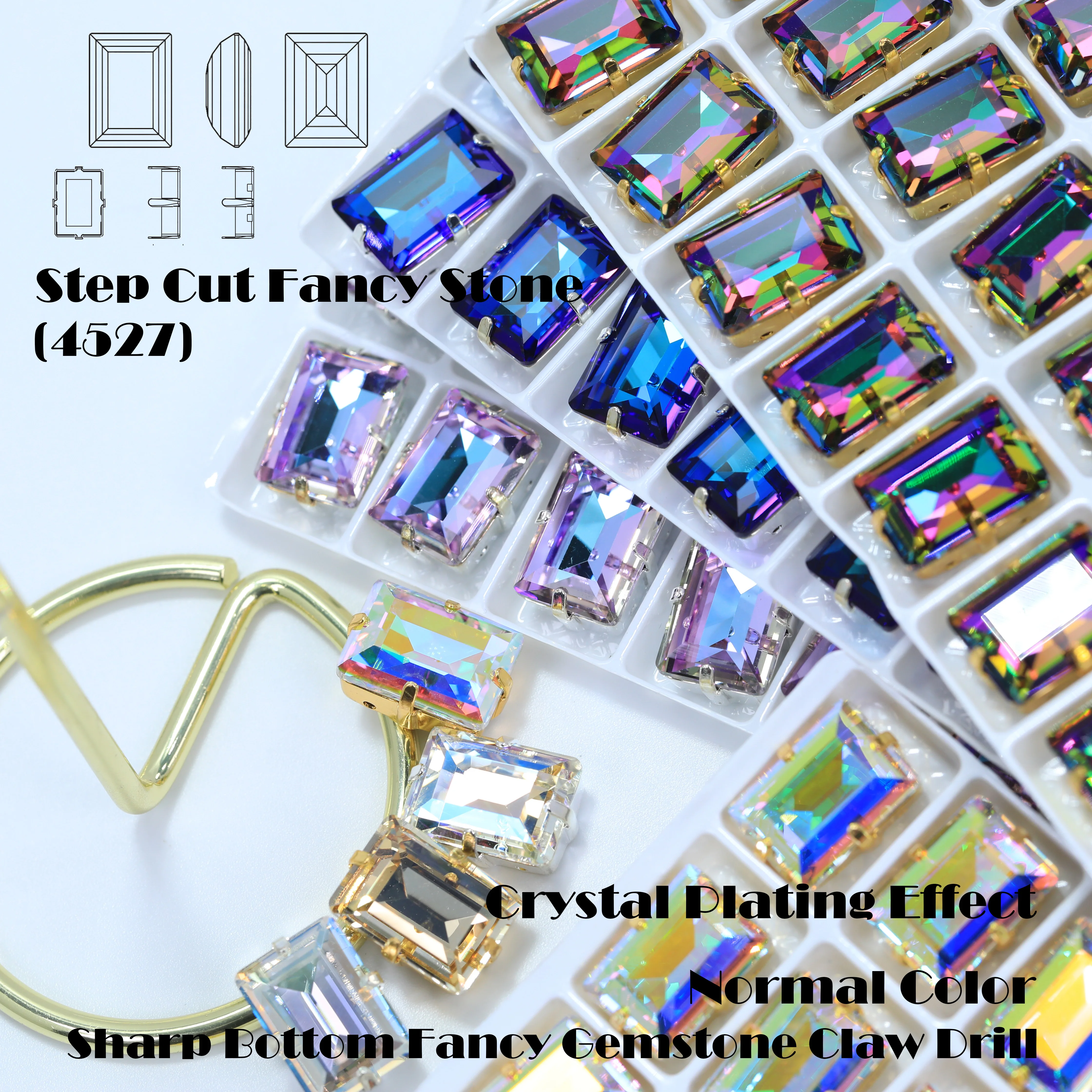 Premium Glass Crystal Rectangle Claw Rhinestones Colorful Shiny Step Cut Hand Sewn Stones For DIY Luggage Shoes Apparel Nail Art