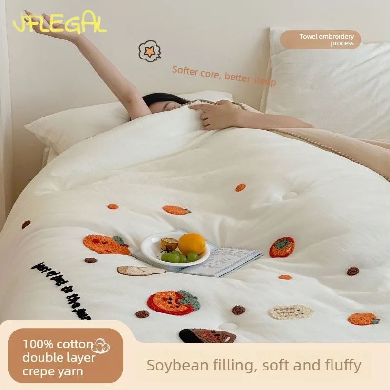 JFLEGAL 100% Cotton Waffle Quilt with Cute Fruit Towel Embroidery Soybean Fiber Filling Soft Warm Comforter for All Seasons