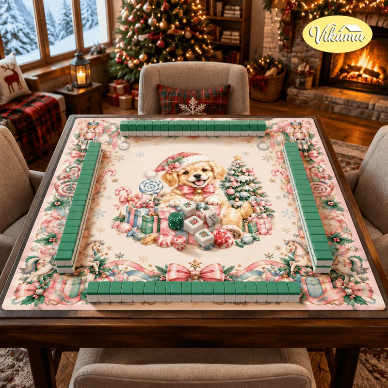 VIKAMA Christmas Golden Retriever Puppy Mahjong Mat Non Slip Washable Table Cover for Family Game Night Living Room Holiday Gift