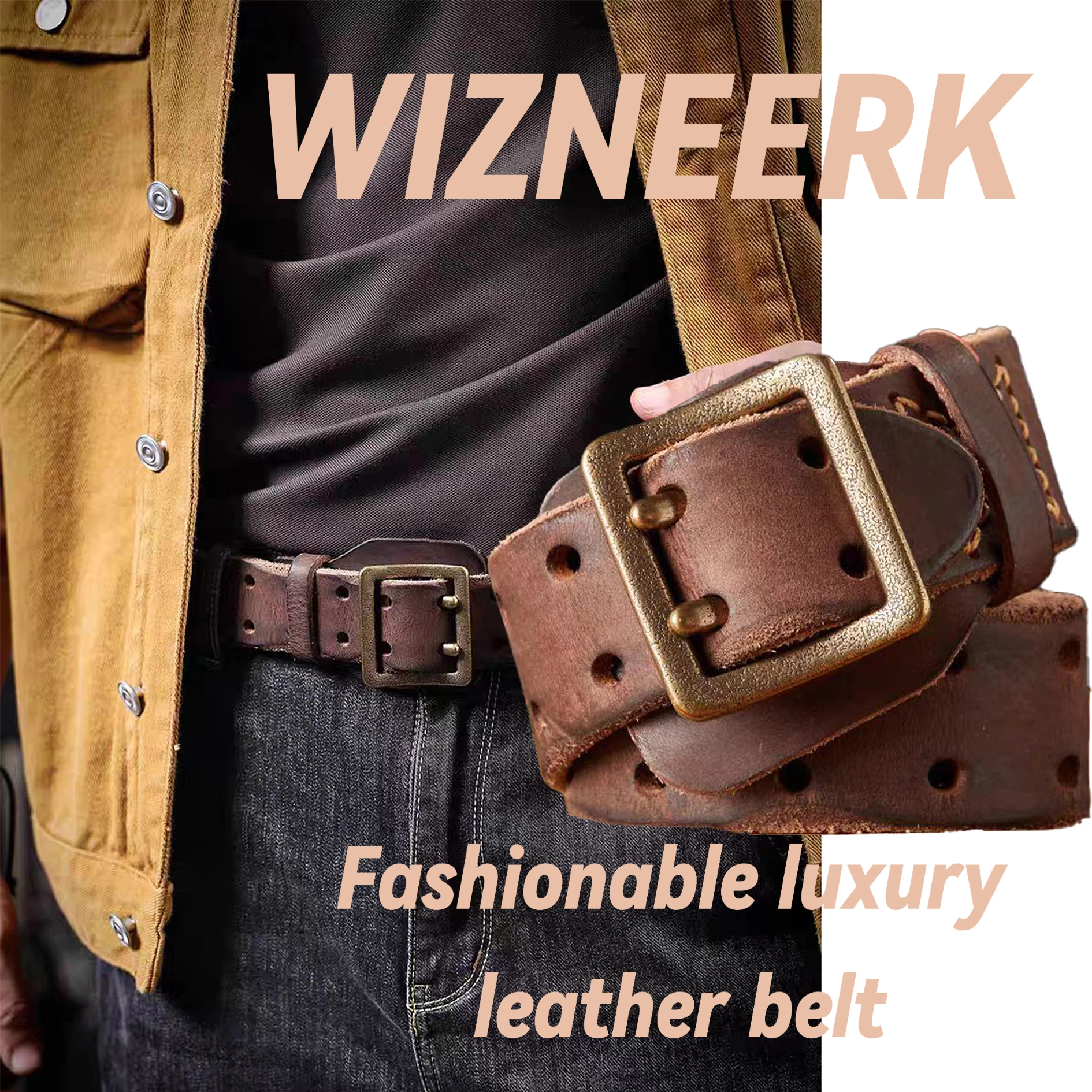 ゴールドの水玉模様のダブルニードルバックルデザインのメンズ本革ベルト、高級感があり、雰囲気を高め、気質を高めます。