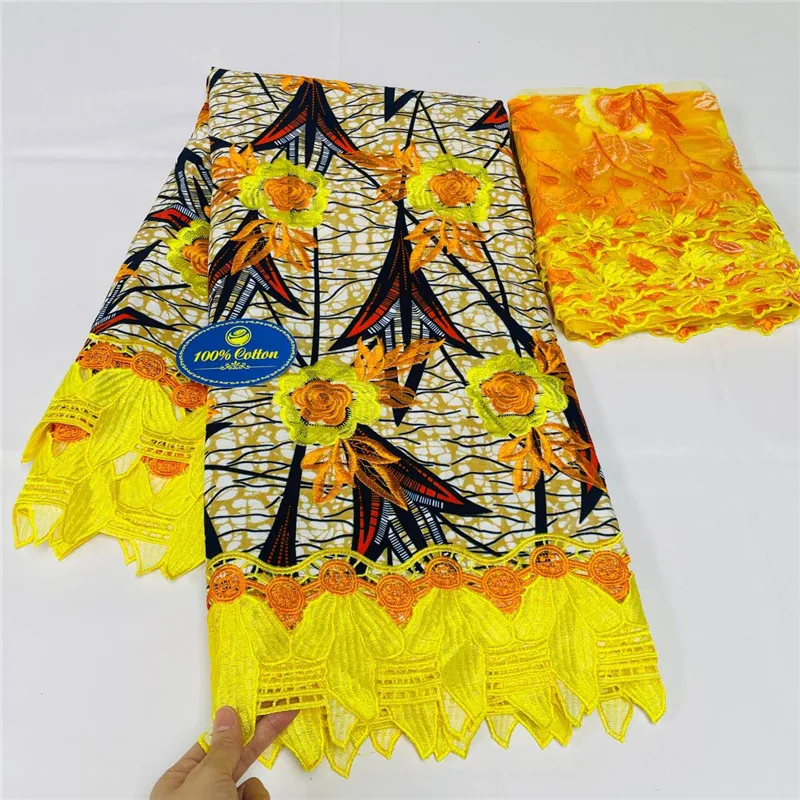

7 yard African Wax Brocade Lace Fabric Hight Qualiy 100% Cotton Ankara Wax Satin Print Lace Fabric For Woman Evening Dresses KL2