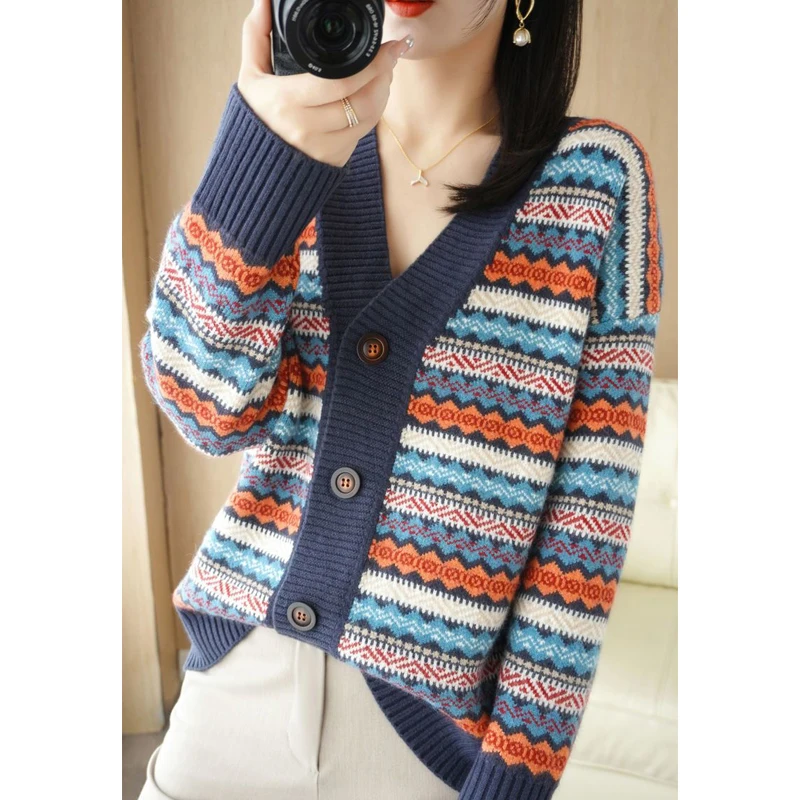 Women Trendy Vintage Striped Patchwork Button Knitted Cardigan Autumn Winter Female Casual V Neck Long Sleeve Loose Sweater Coat