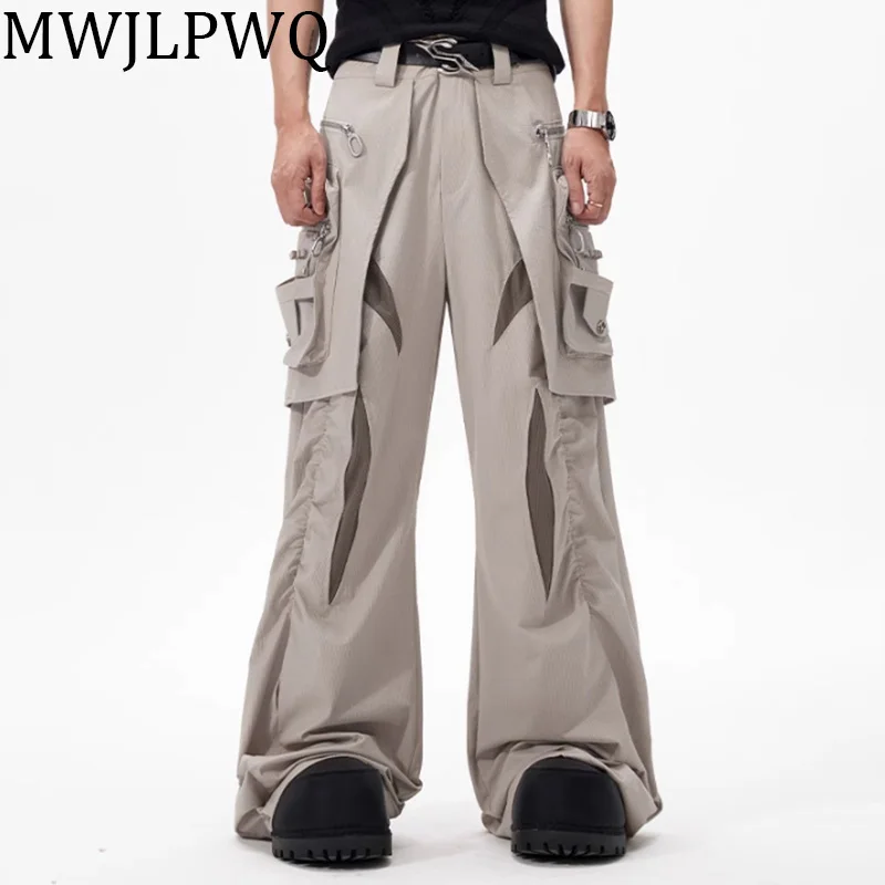 

MWJLPWQ Grenadine Spliced Men's Casual Pants High Street Pleated Accumulation Niche Design Tide Function Cargo Trousers 010595