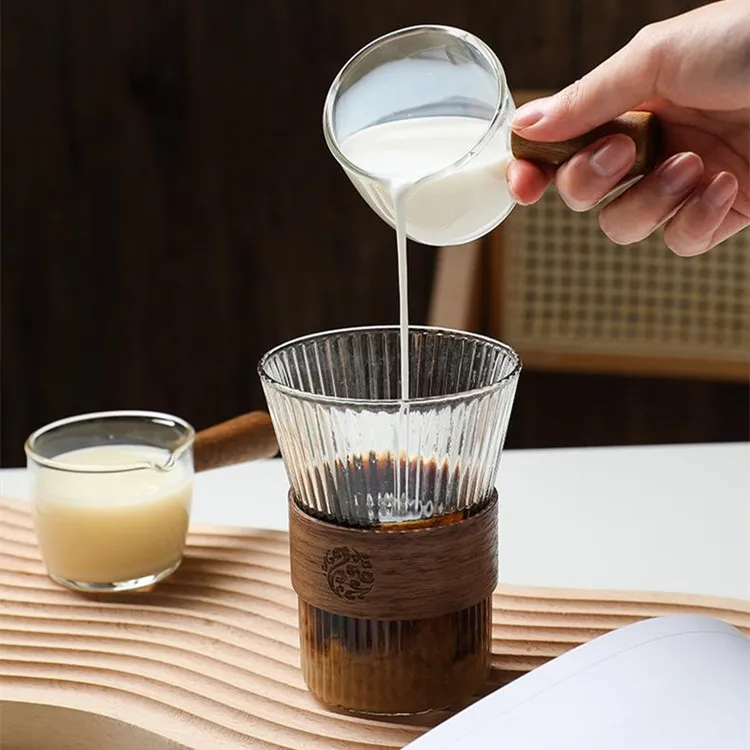 1pc Glass Measuring Cup Wood Handle Glass Espresso Measuring Cup Double Single Mouth Milk Coffee Clear Mug Coffee Supplies