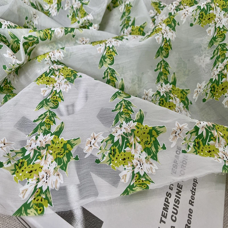 Fabric Island Green plant and flower organza creative mesh fabric Fresh and simple Hanfu long skirt fabric view 3