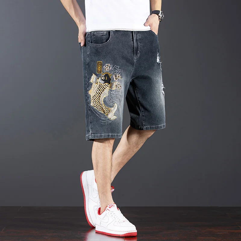 

Chinese Style Embroidery Denim Shorts Men's Fashion Design Loose Elastic Ripped Street Trend Retro plus Size Shorts