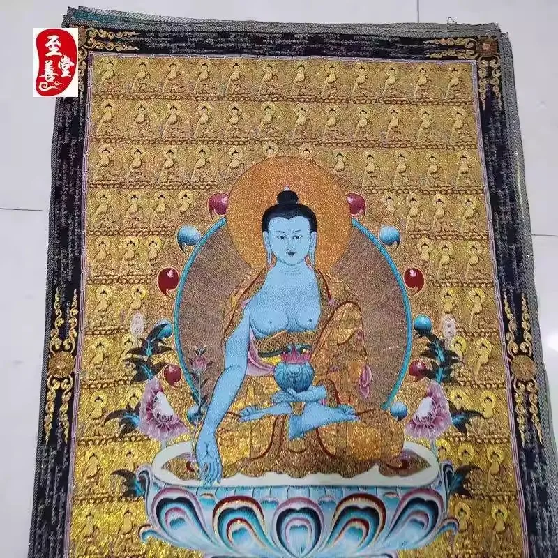 35.4″ Bhaisajyaguru Brocade Tibetan Tangka Embroidery Painting Gold Thread Embroidery Decorative Hanging Pictures