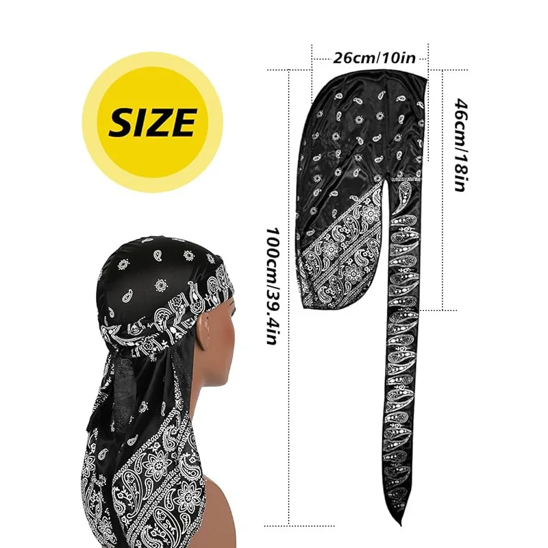 New Men\'s Silky Durags African Print Headwrap for Women Long Tail Pirate Hat Biker Hear Wear Bandanas Turban Hair Accessories