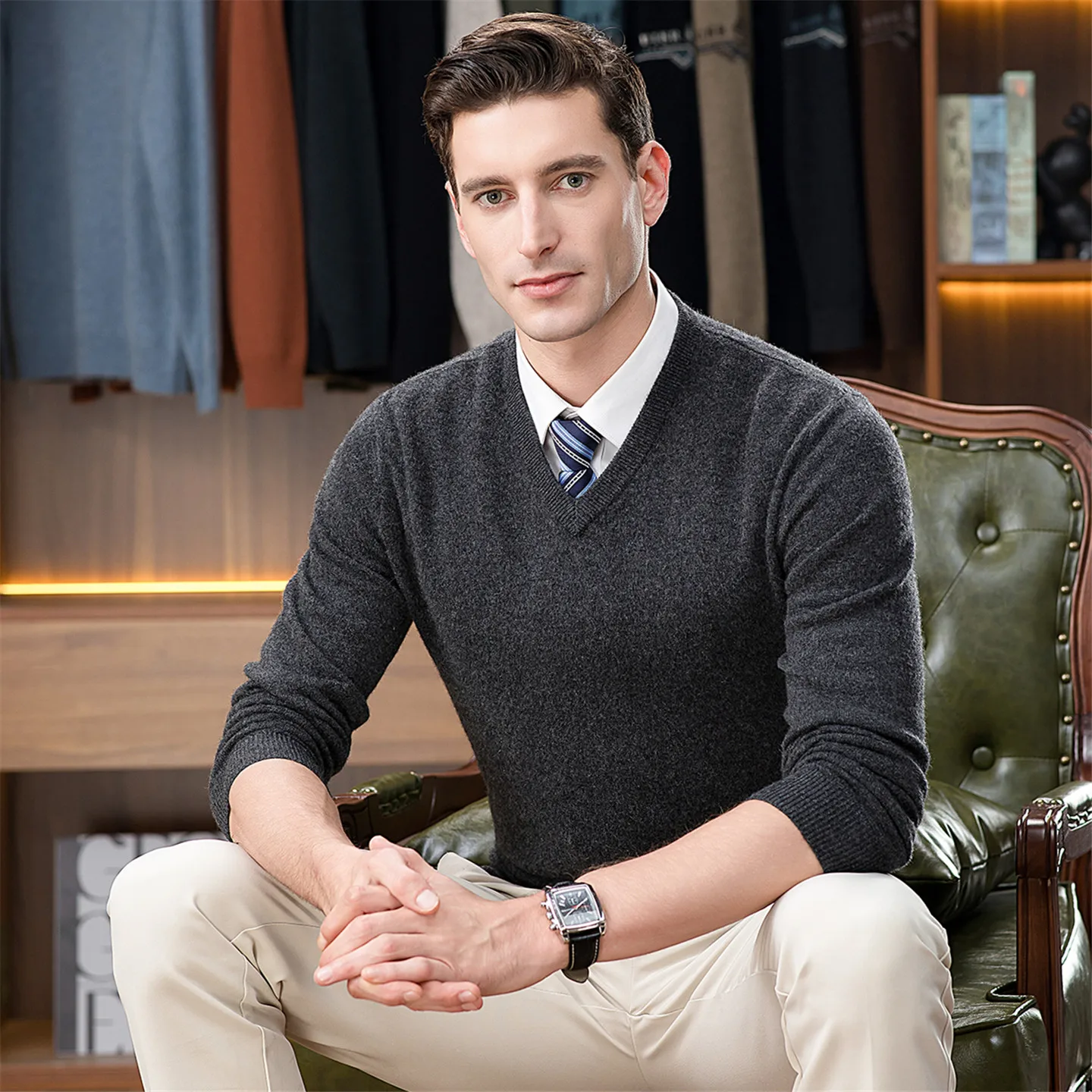 겨울 100% 순수 캐시미어 스웨터 남성용 V넥 두꺼운 중년 카라 스웨터 고급 비즈니스 캐시미어 스웨터