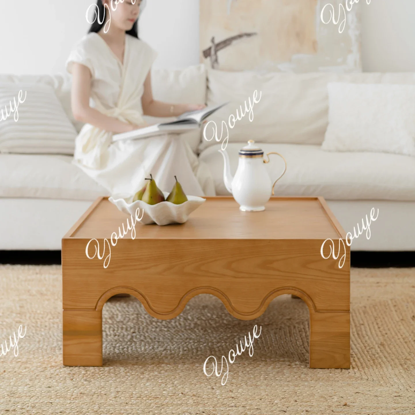 J French Retro Solid Wood Coffee Table Living Room Sofa Art Coffee Table Simple Square Small Low Table