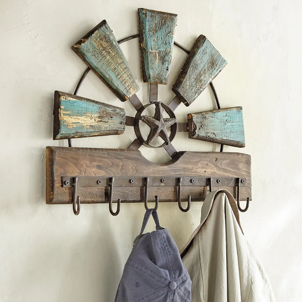 

Weathered Windmill Coat Rack – Rustic Western Wall Hook Rack