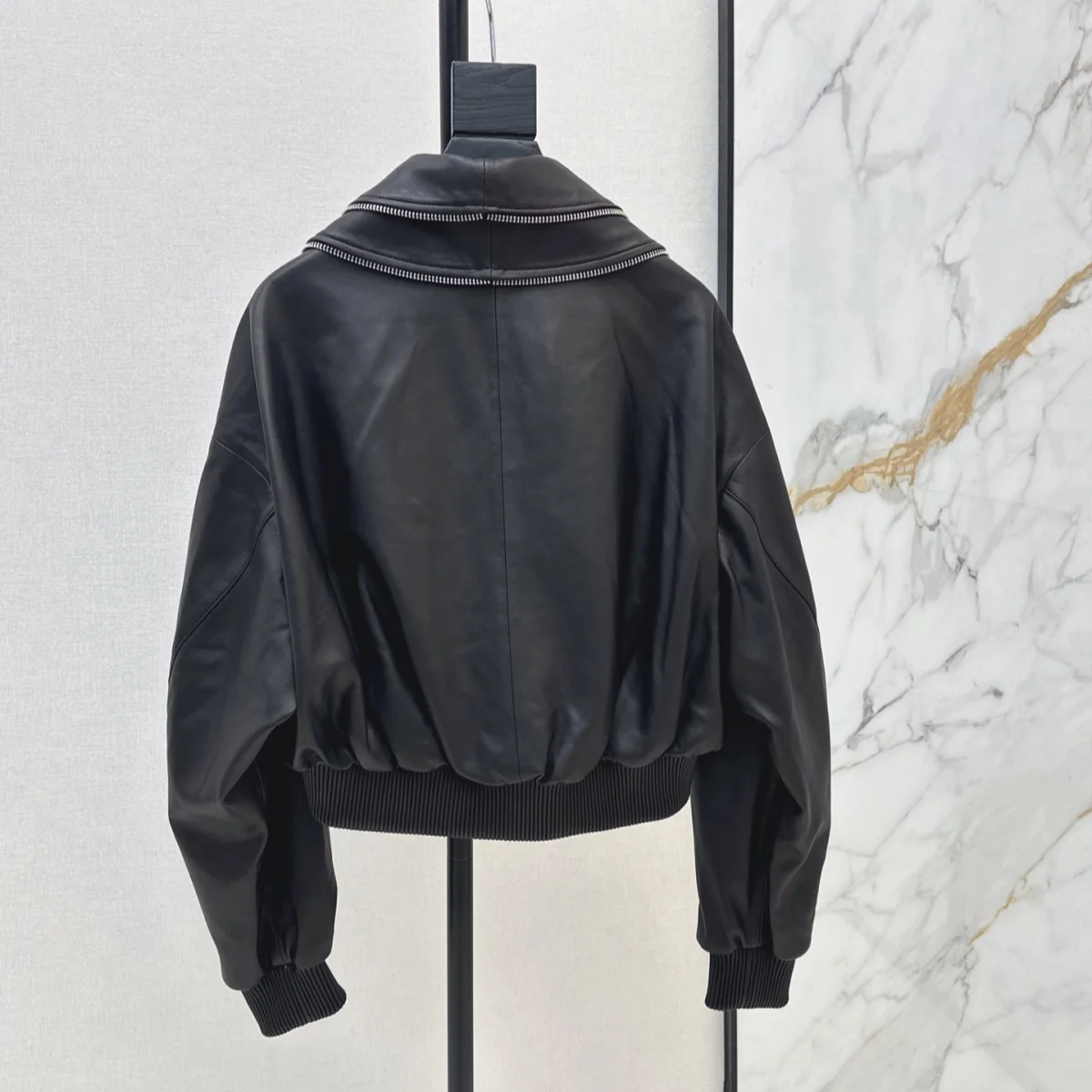 2026 high-quality women's short imitation leather motorcycle jacket with double metal zipper placket--hb804