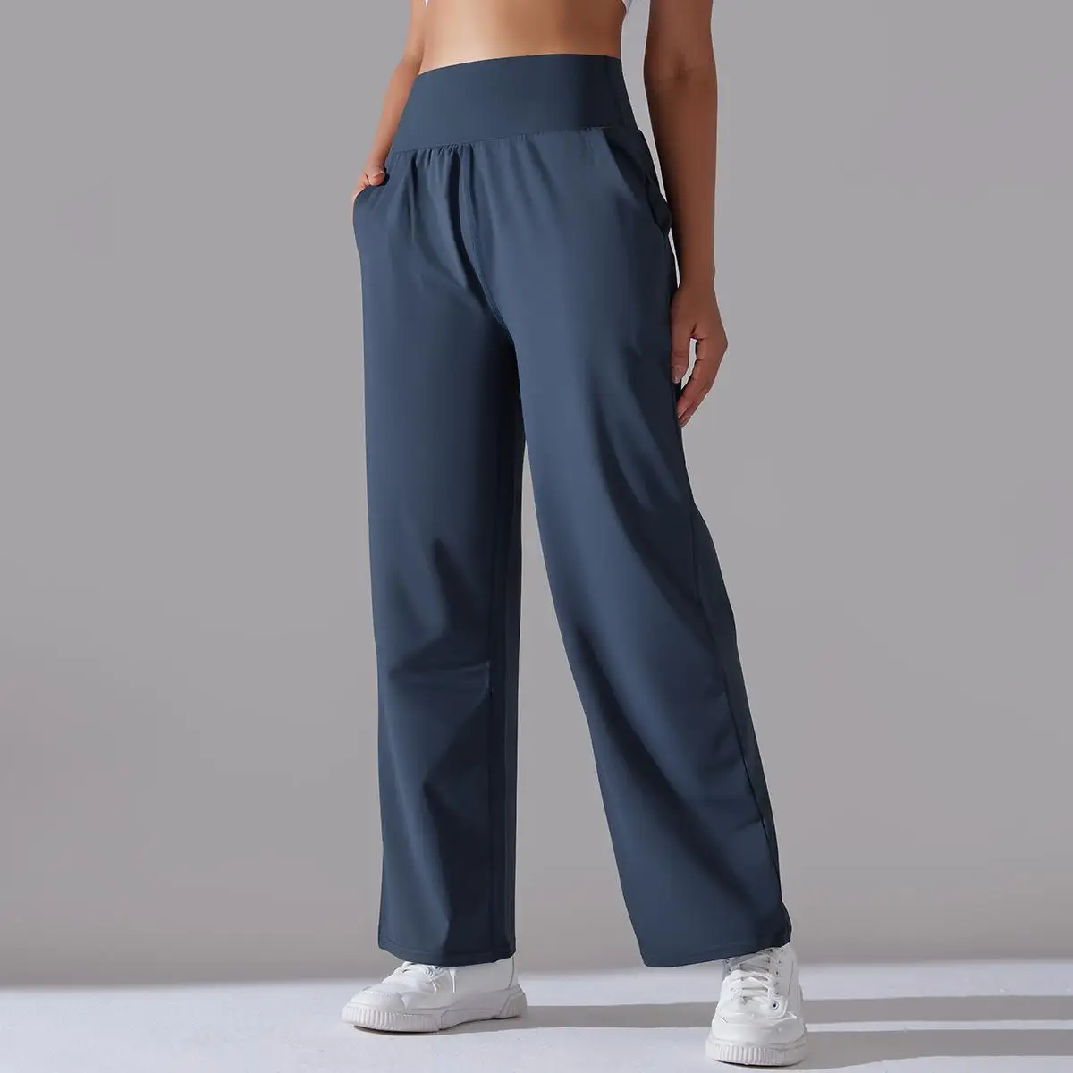 Calça de pernas largas feminina com bolsos, legging solta de cintura alta, cordão, ao ar livre, casual, correr, academia, esportes, flare