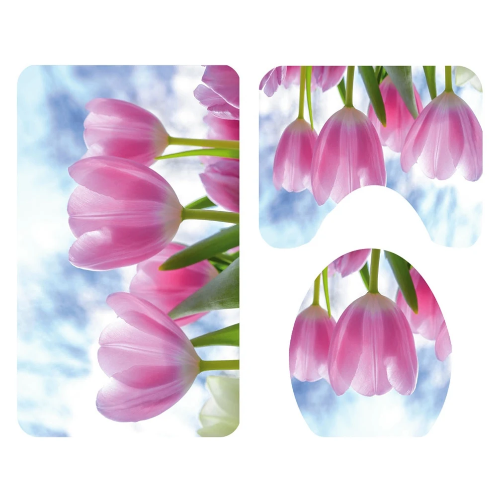 

3 in 1 Fresh Flower Pattern Bathroom Pads Set Non-slip Washroom Carpets Mat Toilet Seat Lid Cover for Home Hotel